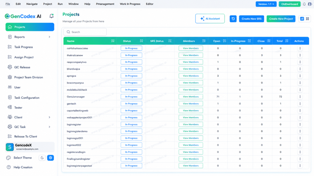 GenCodex All Projects dashboard